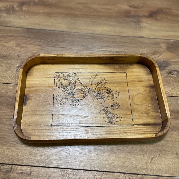 Other - Wooden Tray With Wood burning Design of Fruit Trees
